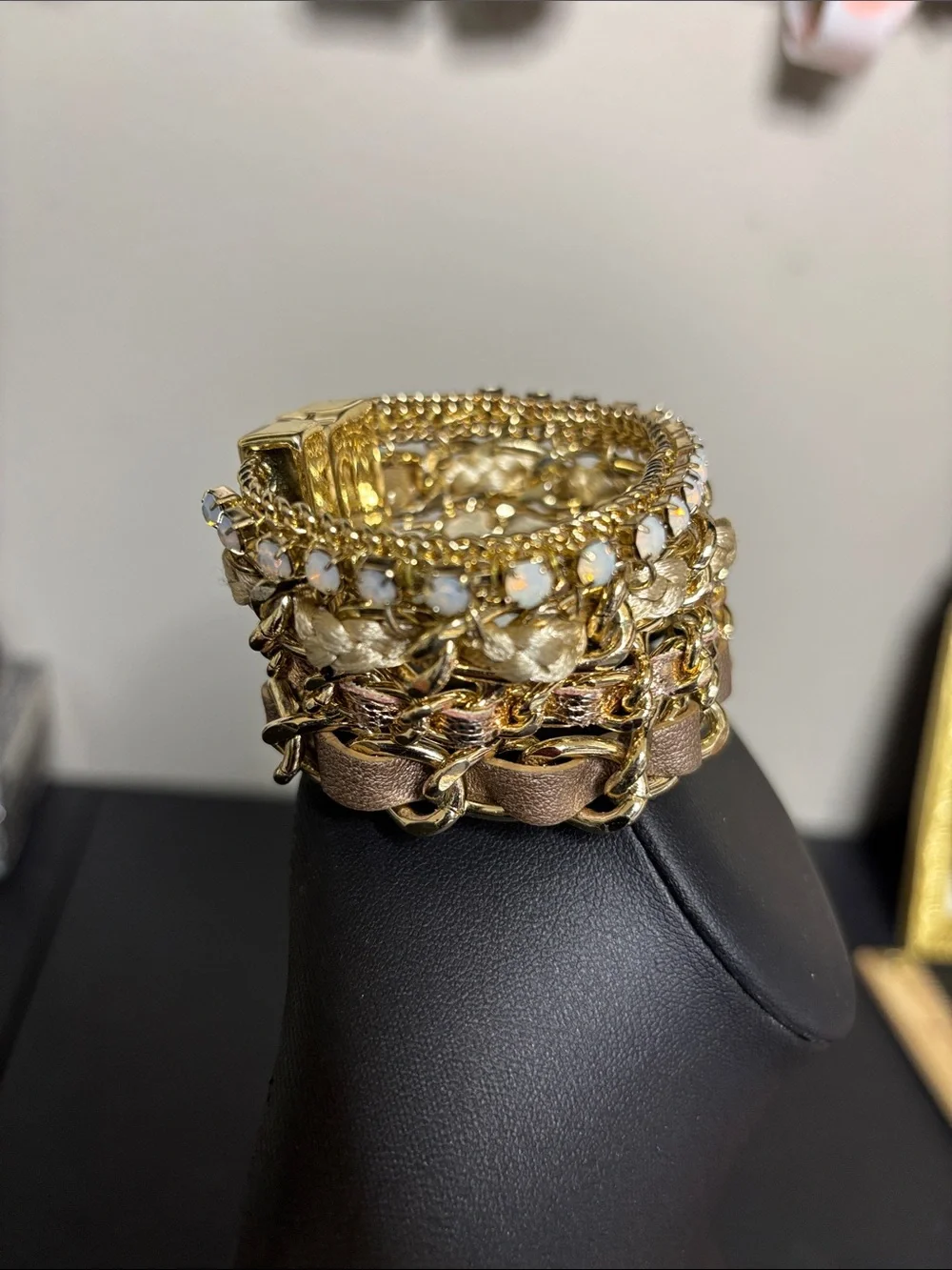 Multilayer Mixed Media Gold Tone Rhinestone Chain Leather Wrap Bracelet